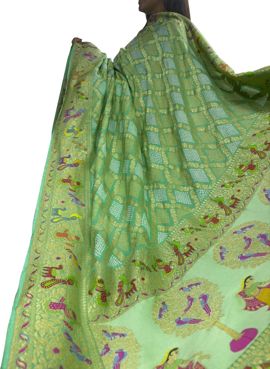 Blue Green Pure Georgette Bandhani Banarasi Meenakari Dupatta - Luxurion World- Crafted Heirlooms