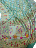 Blue Green Pure Georgette Bandhani Banarasi Meenakari Dupatta - Luxurion World- Crafted Heirlooms