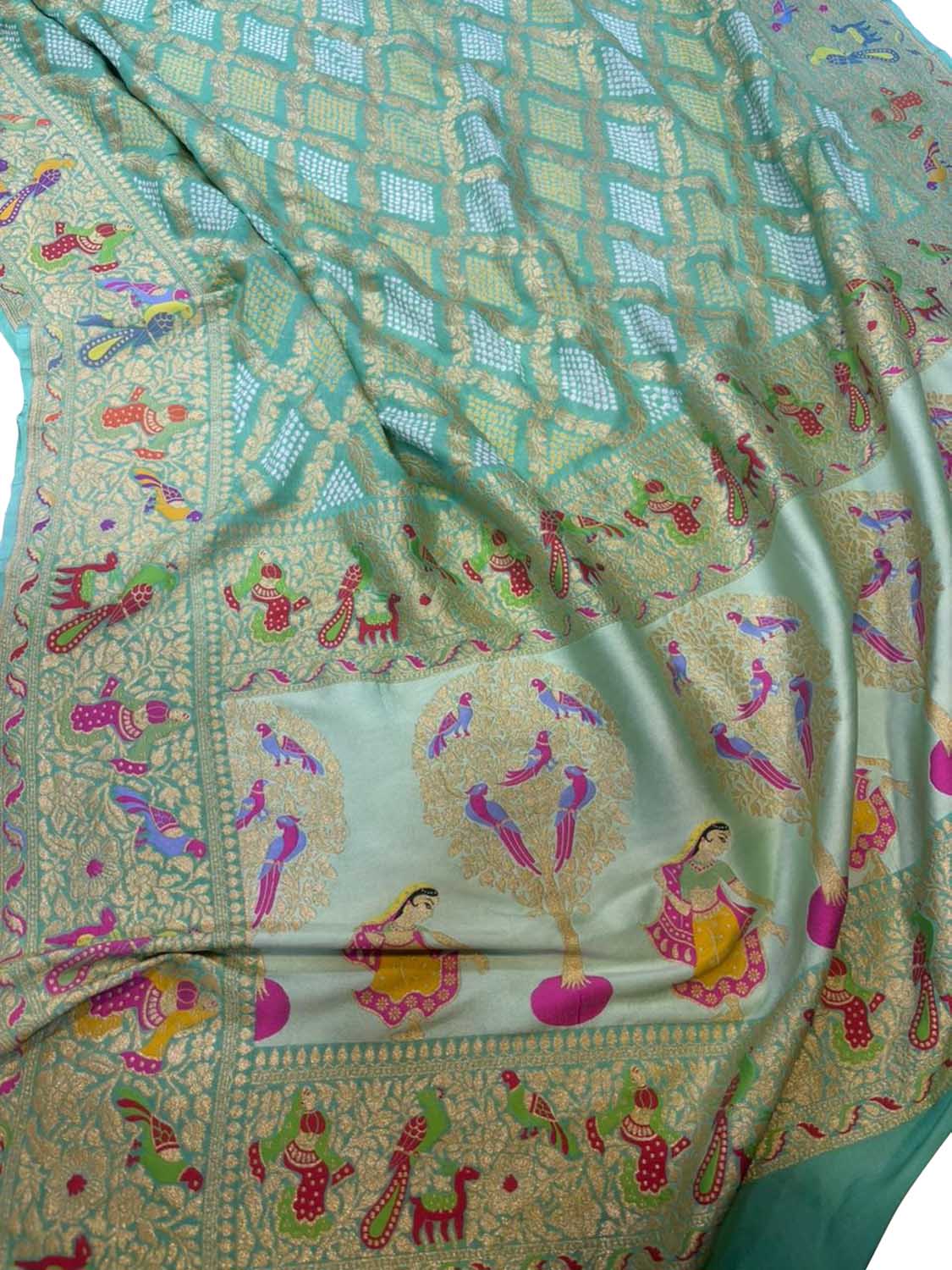 Blue Green Pure Georgette Bandhani Banarasi Meenakari Dupatta - Luxurion World- Crafted Heirlooms