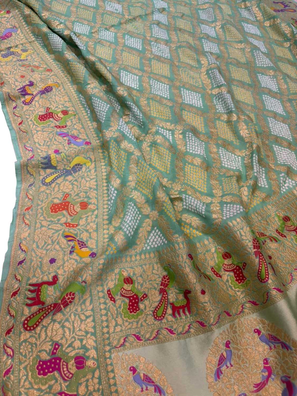 Blue Green Pure Georgette Bandhani Banarasi Meenakari Dupatta - Luxurion World- Crafted Heirlooms