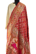 Red Pure Georgette Bandhani Banarasi Meenakari Dupatta - Luxurion World- Crafted Heirlooms