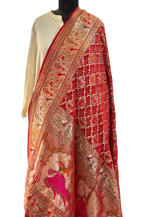 Red Pure Georgette Bandhani Banarasi Meenakari Dupatta - Luxurion World- Crafted Heirlooms