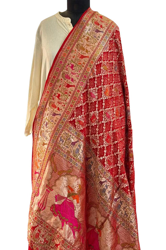 Red Pure Georgette Bandhani Banarasi Meenakari Dupatta - Luxurion World