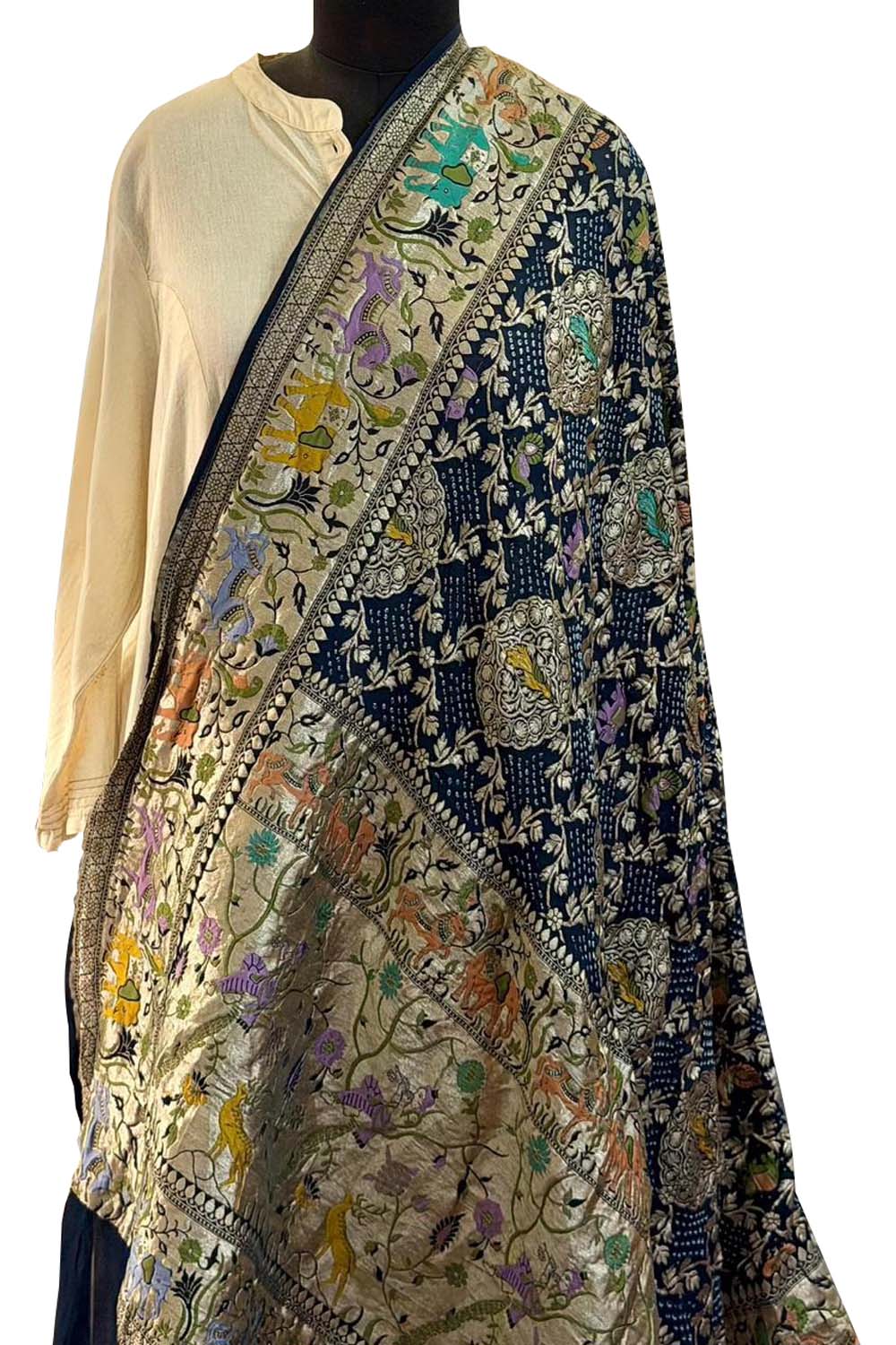 Blue Pure Georgette Bandhani Banarasi Meenakari Dupatta - Luxurion World- Crafted Heirlooms