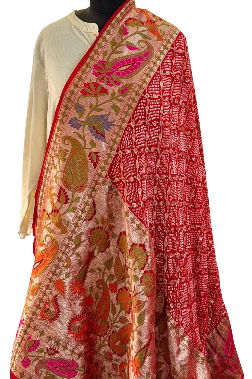 Red Pure Georgette Bandhani Banarasi Meenakari Dupatta - Luxurion World- Crafted Heirlooms