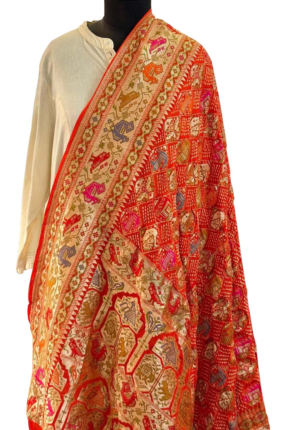 Orange Pure Georgette Bandhani Banarasi Meenakari Dupatta - Luxurion World- Crafted Heirlooms