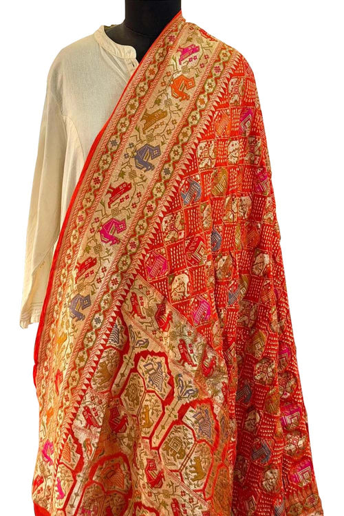 Orange Pure Georgette Bandhani Banarasi Meenakari Dupatta - Luxurion World- Crafted Heirlooms