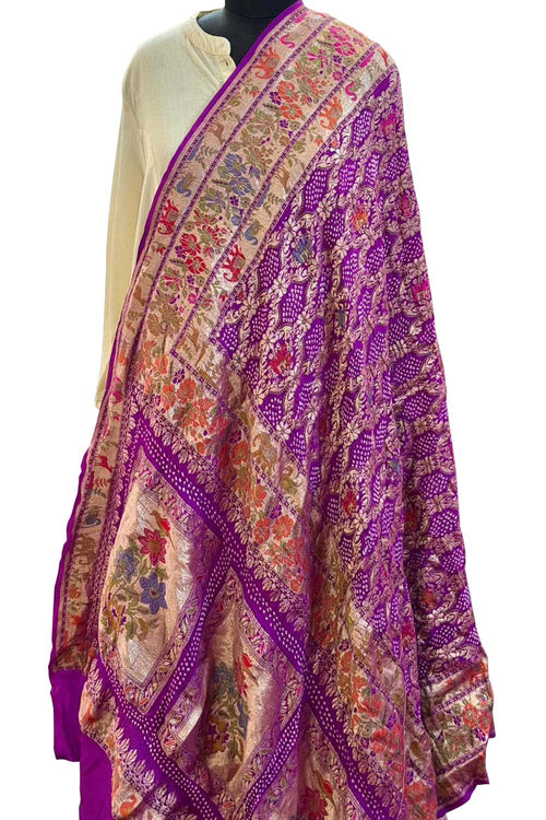 Exquisite Purple Pure Georgette Bandhani Banarasi Meenakari Dupatta - Luxurion World- Crafted Heirlooms