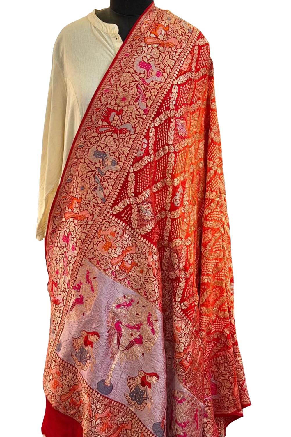 Orange & Red Pure Georgette Bandhani Banarasi Meenakari Dupatta - Luxurion World- Crafted Heirlooms
