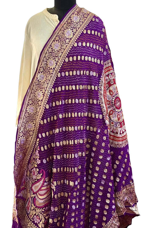 Exquisite Purple Pure Georgette Bandhani Banarasi Meenakari Dupatta - Luxurion World- Crafted Heirlooms