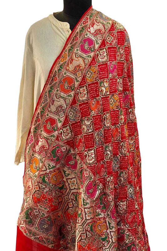 Red Pure Georgette Bandhani Banarasi Meenakari Dupatta - Luxurion World