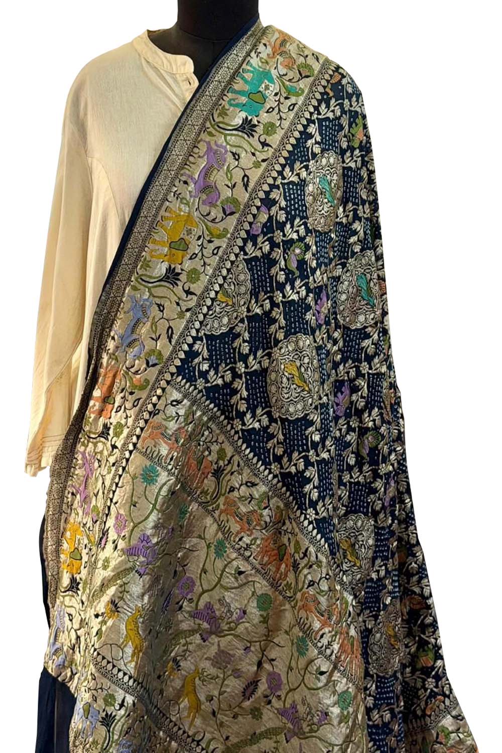 Blue Pure Georgette Bandhani Banarasi Meenakari Dupatta - Luxurion World- Crafted Heirlooms
