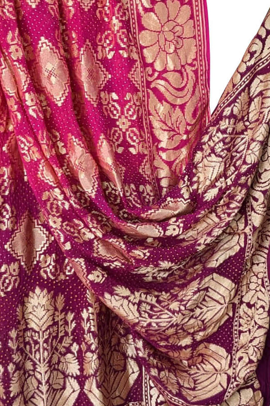 Stunning Pink and Purple Banarasi Bandhani Georgette Dupatta - Luxurion World