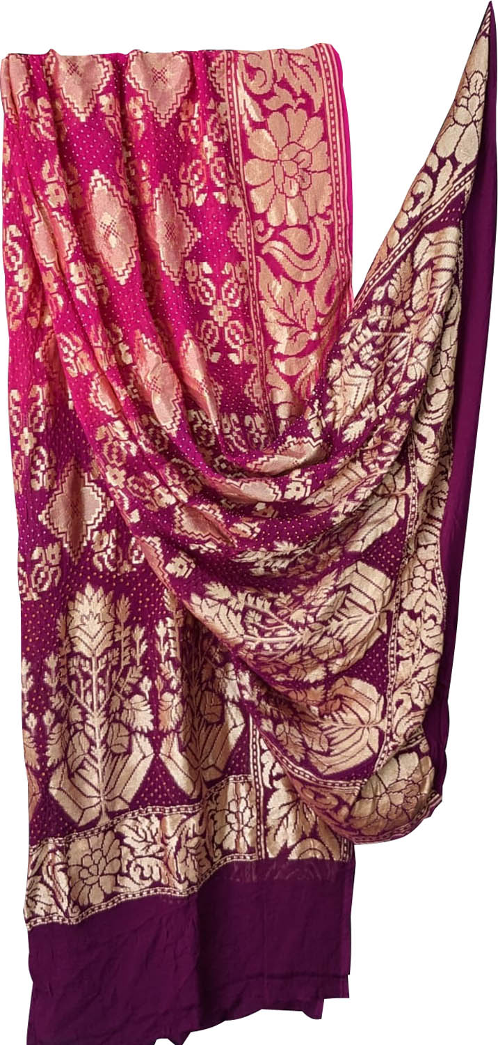 Stunning Pink and Purple Banarasi Bandhani Georgette Dupatta - Luxurion World