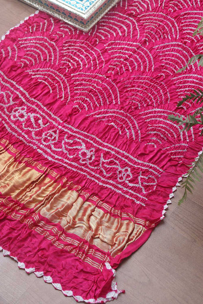 Pink Bandhani Pure Gajji Silk Dupatta - Luxurion World