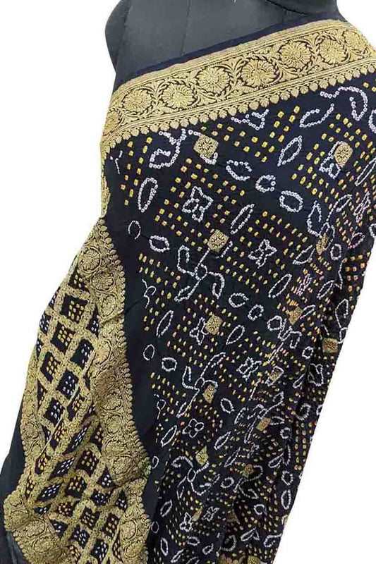 Black Banarasi Bandhani Pure Georgette Dupatta - Luxurion World