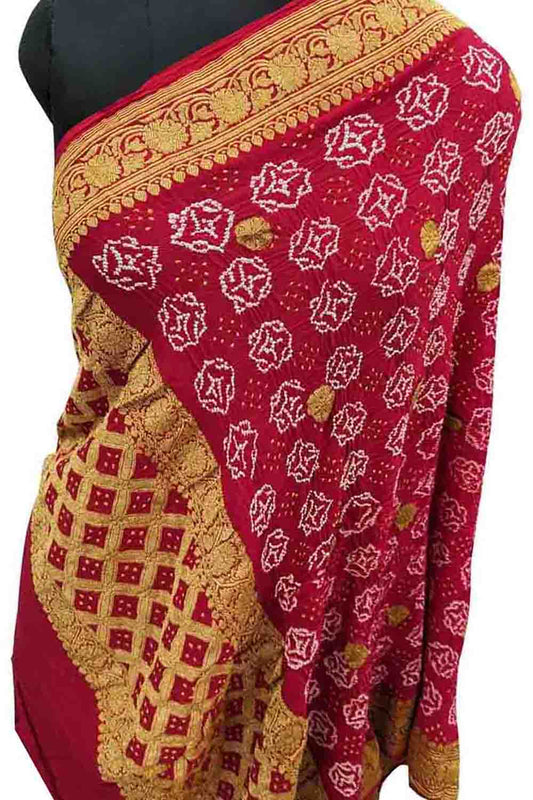Red Banarasi Bandhani Pure Georgette Dupatta - Luxurion World