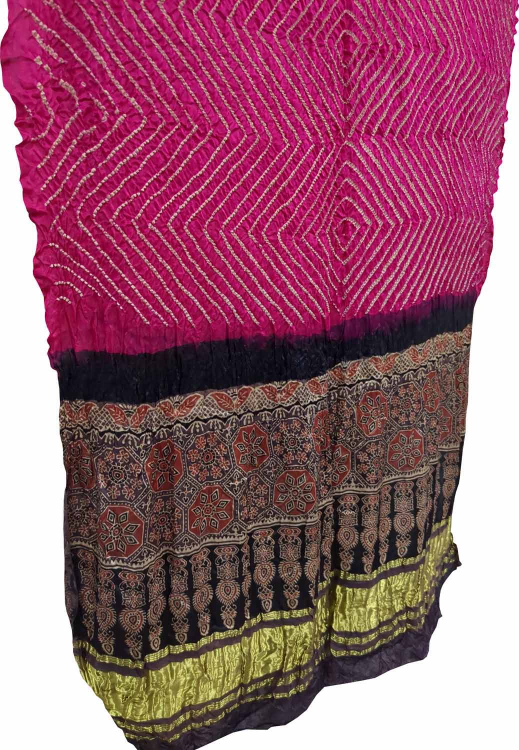 Stunning Pink Bandhani Ajrakh Gajji Silk Dupatta - Luxurion World