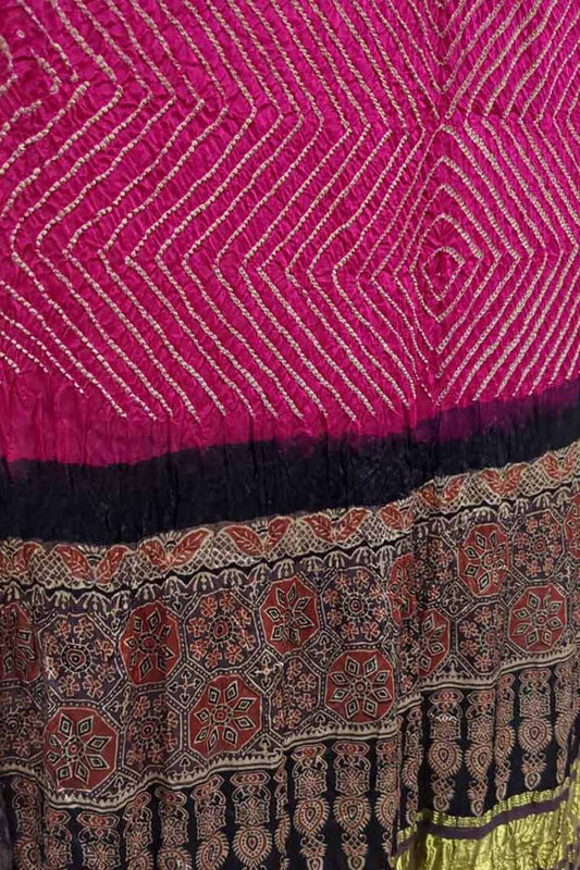 Stunning Pink Bandhani Ajrakh Gajji Silk Dupatta - Luxurion World