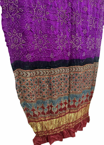Exquisite Purple Bandhani Ajrakh Gajji Silk Dupatta - Luxurion World