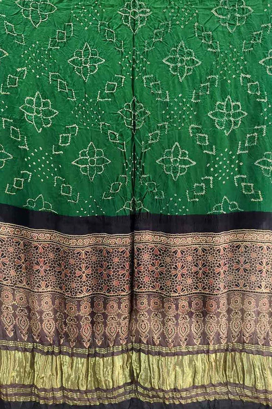 Handcrafted Green Bandhani Ajrakh Gajji Silk Dupatta - Luxurion World