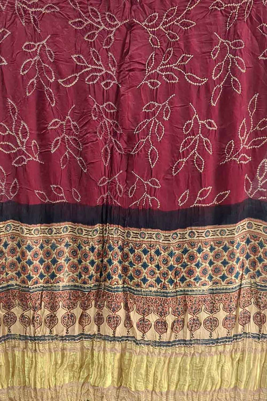 Elegant Maroon Bandhani Ajrakh Gajji Silk Dupatta - Luxurion World