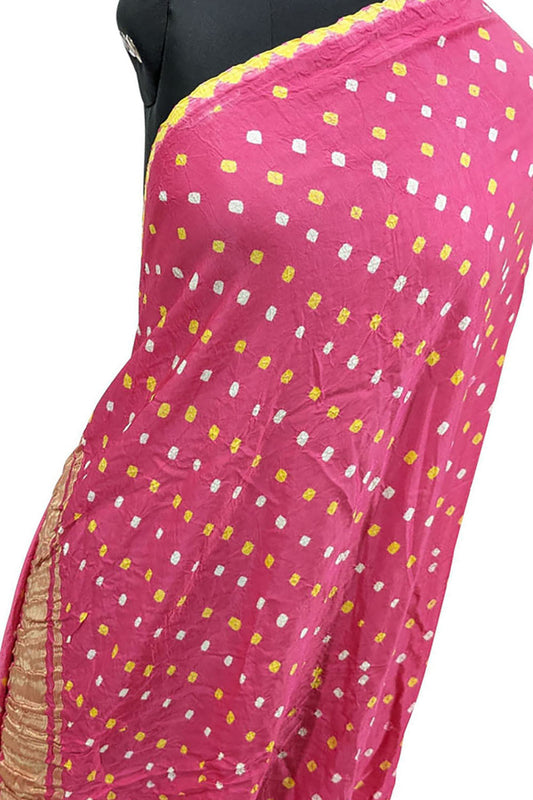 Beautiful Pink Bandhani Silk Dupatta with Tissue Border - Luxurion World