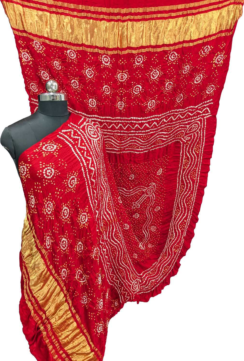 Vibrant Red Bandhani Gajji Silk Dupatta - Luxurion World- Crafted Heirlooms