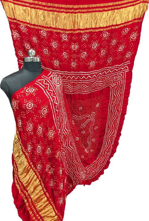 Vibrant Red Bandhani Gajji Silk Dupatta - Luxurion World- Crafted Heirlooms