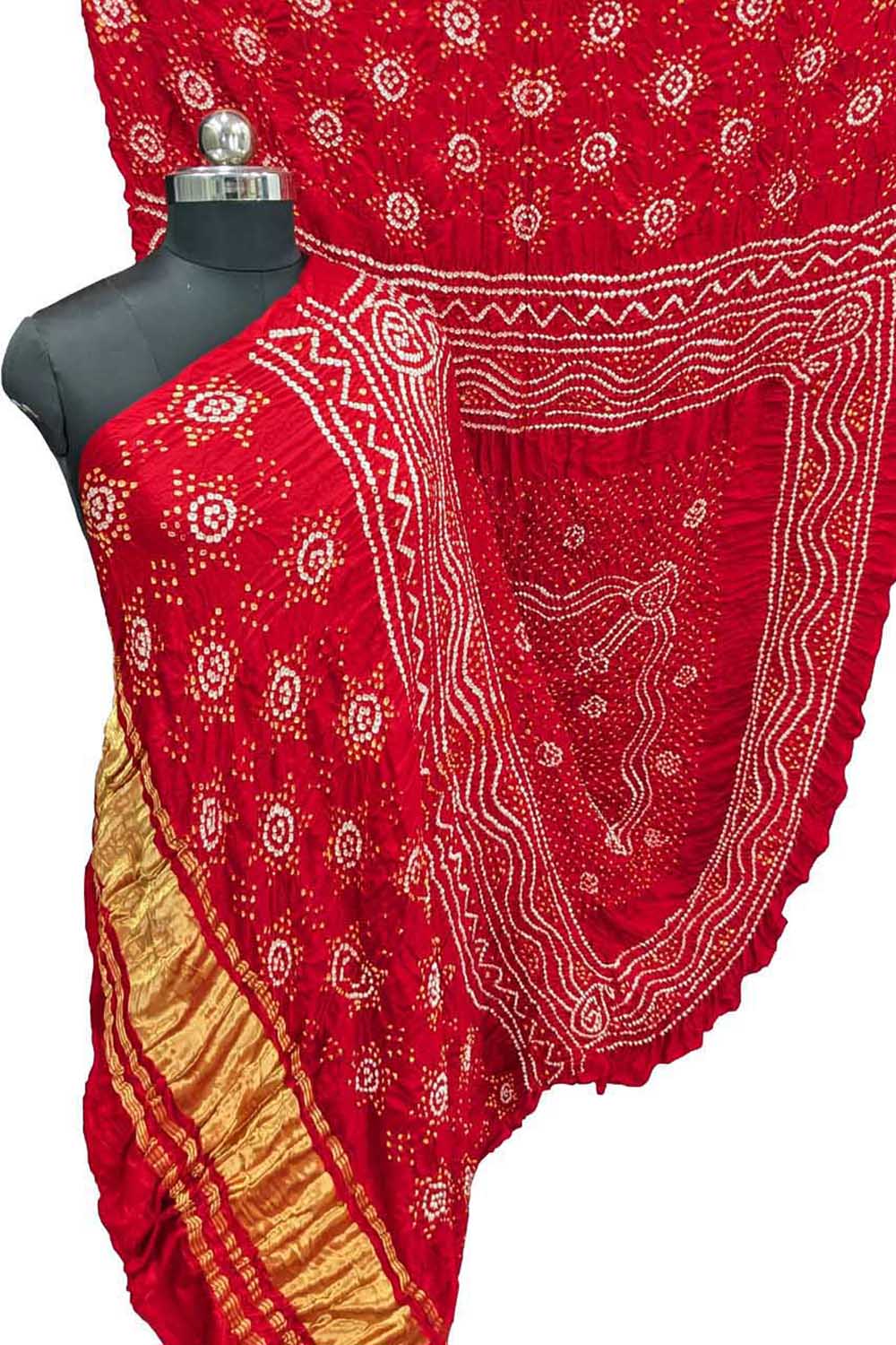 Vibrant Red Bandhani Gajji Silk Dupatta - Luxurion World- Crafted Heirlooms