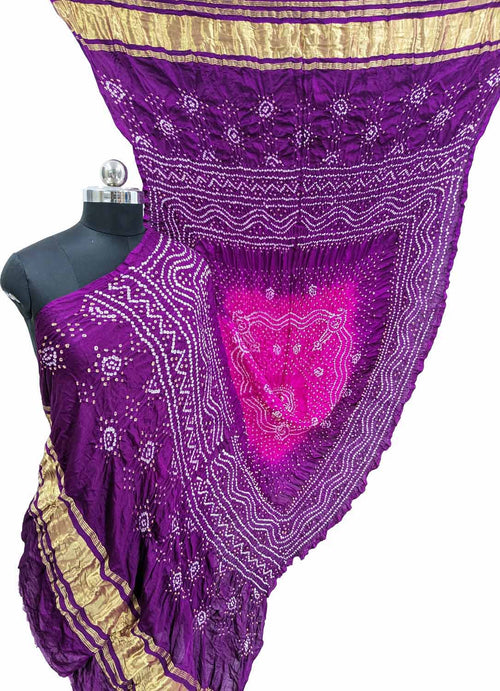 Vibrant Pink & Purple Bandhani Gajji Silk Dupatta - Luxurion World- Crafted Heirlooms