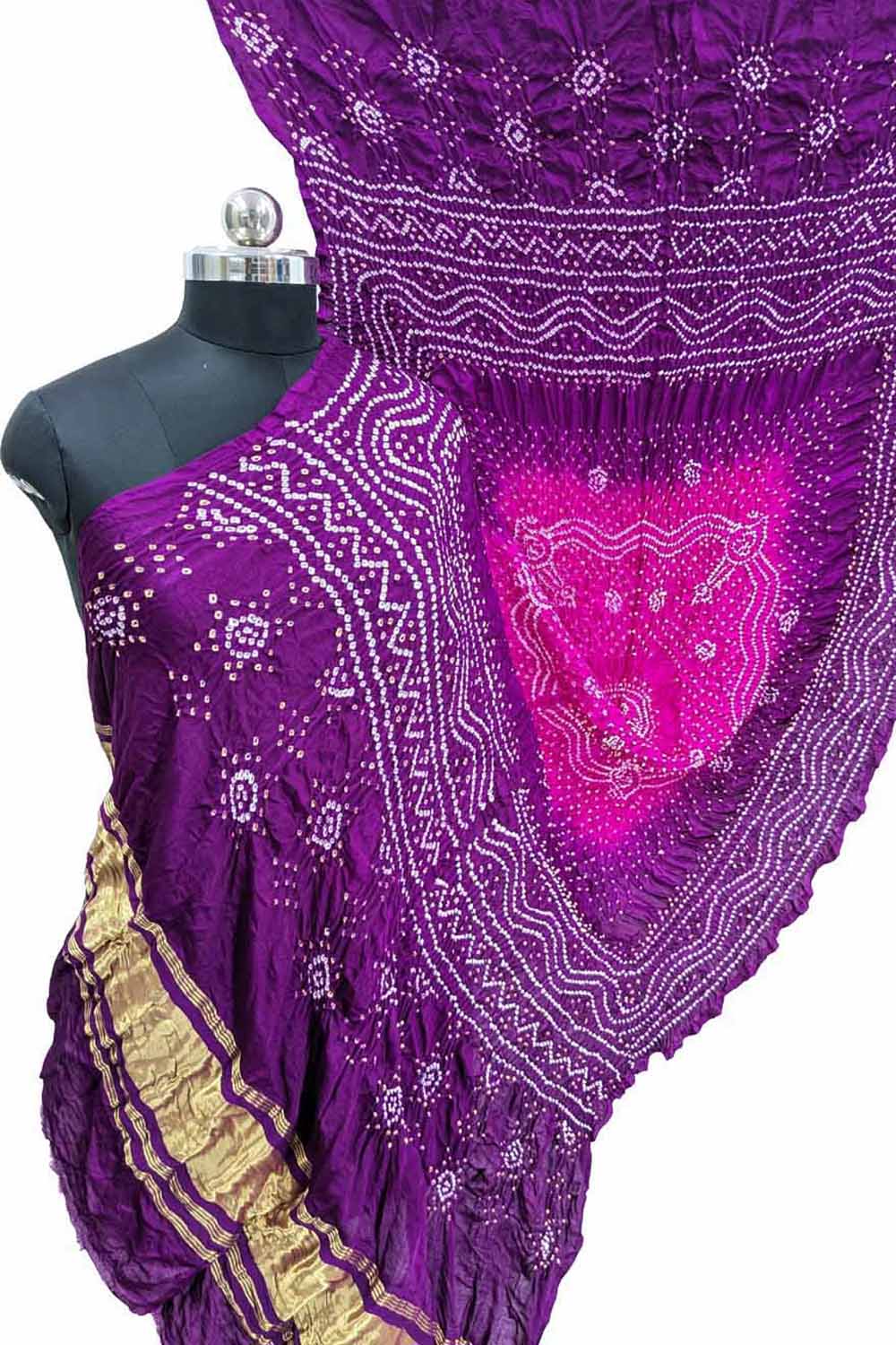 Vibrant Pink & Purple Bandhani Gajji Silk Dupatta - Luxurion World