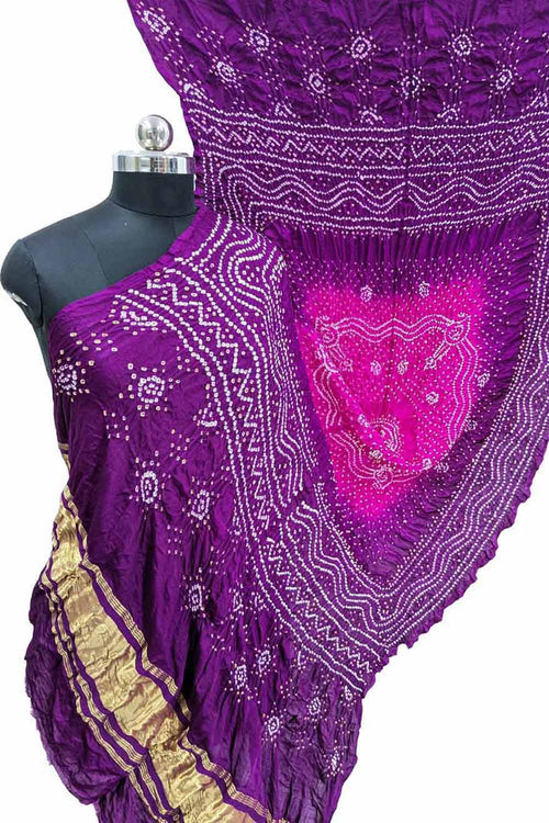 Vibrant Pink & Purple Bandhani Gajji Silk Dupatta - Luxurion World- Crafted Heirlooms