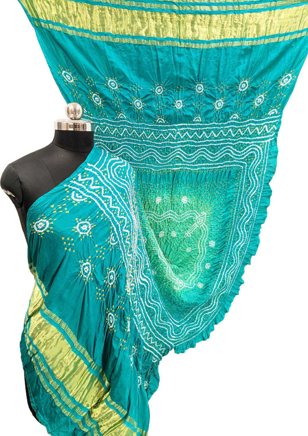 Stunning Green & Blue Bandhani Gajji Silk Dupatta - Luxurion World- Crafted Heirlooms