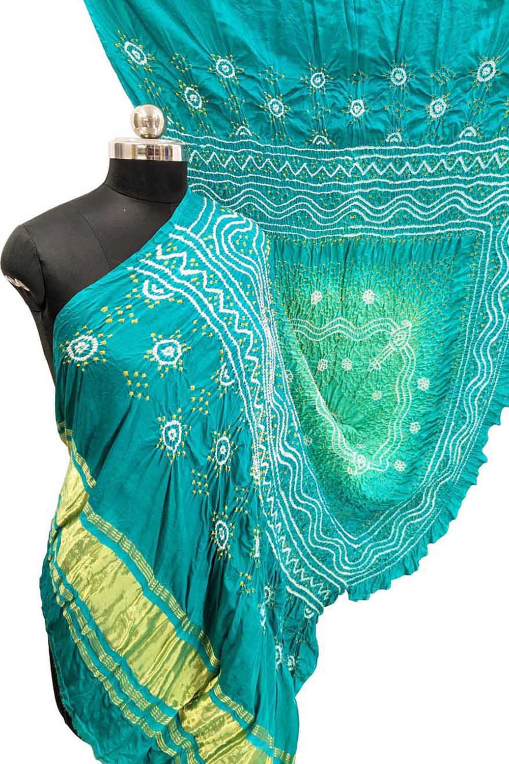 Stunning Green & Blue Bandhani Gajji Silk Dupatta - Luxurion World- Crafted Heirlooms
