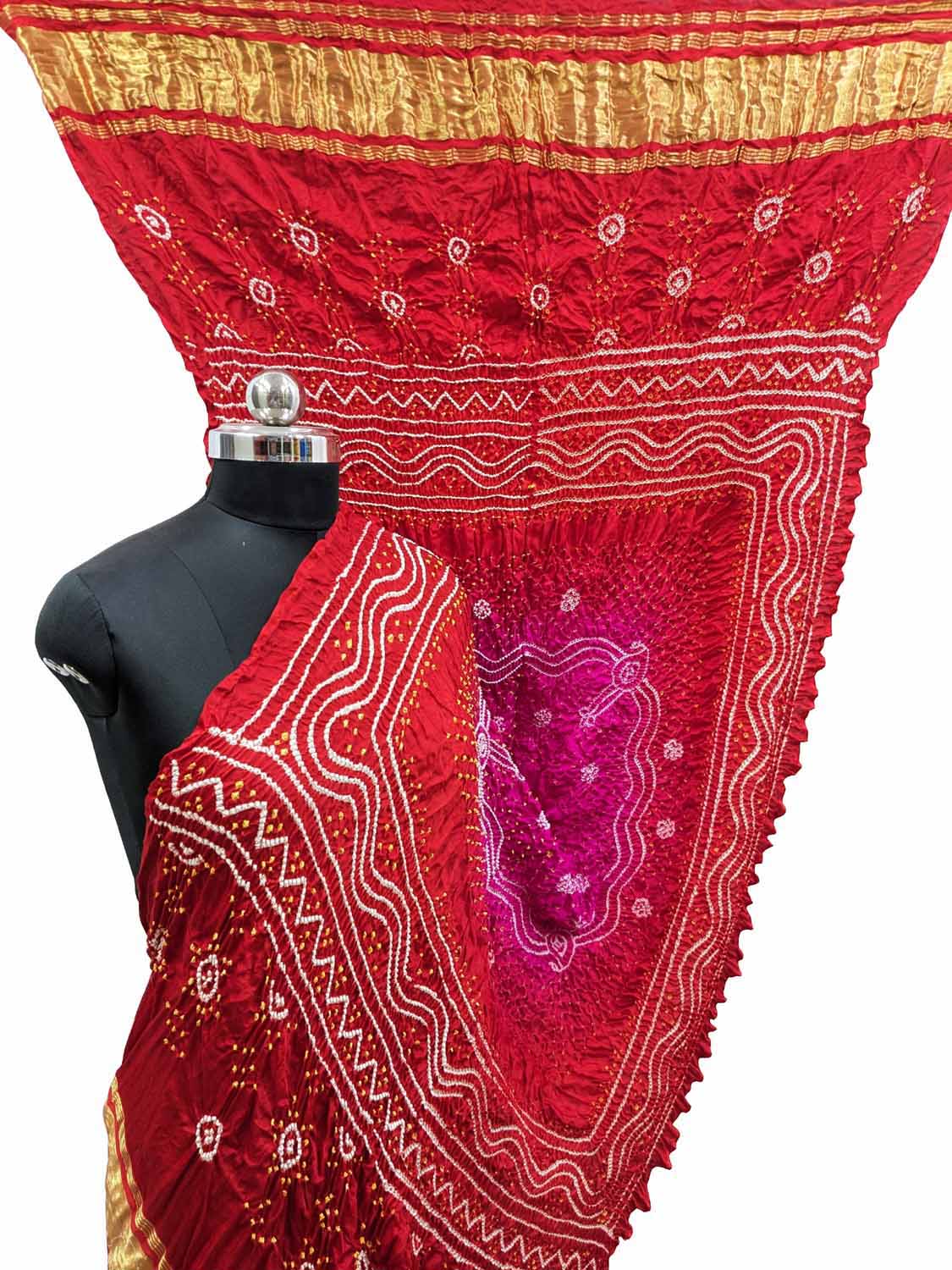 Vibrant Pink & Red Bandhani Gajji Silk Dupatta - Luxurion World
