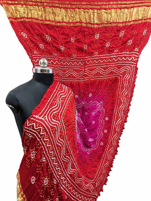 Vibrant Pink & Red Bandhani Gajji Silk Dupatta - Luxurion World- Crafted Heirlooms