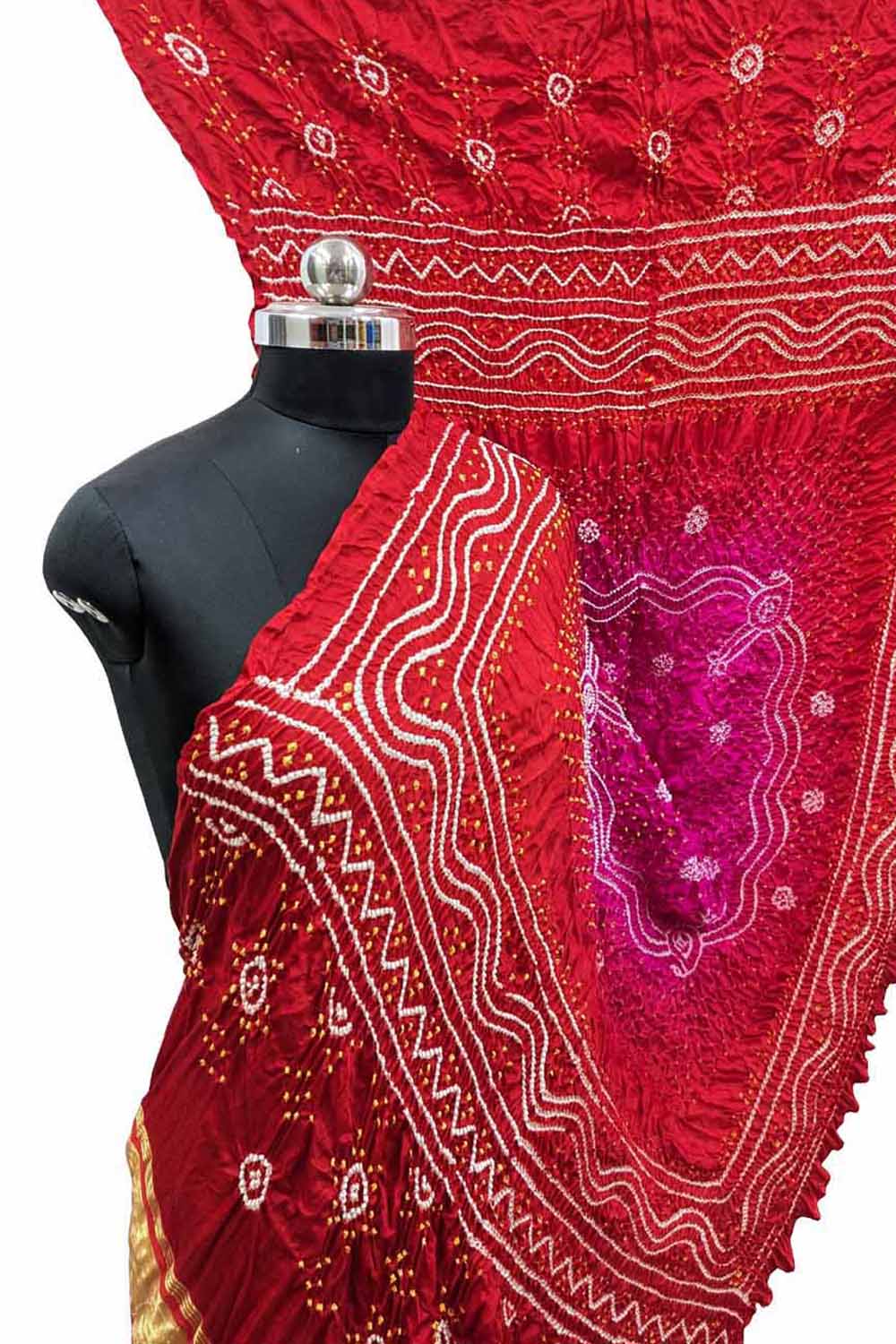 Vibrant Pink & Red Bandhani Gajji Silk Dupatta - Luxurion World- Crafted Heirlooms