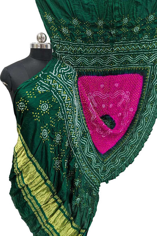 Stunning Pink & Green Bandhani Gajji Silk Dupatta - Luxurion World