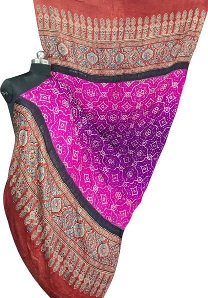 Stunning Purple & Pink Bandhani Ajrakh Gajji Silk Dupatta - Luxurion World