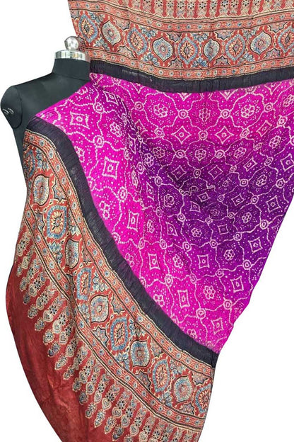 Stunning Purple & Pink Bandhani Ajrakh Gajji Silk Dupatta - Luxurion World