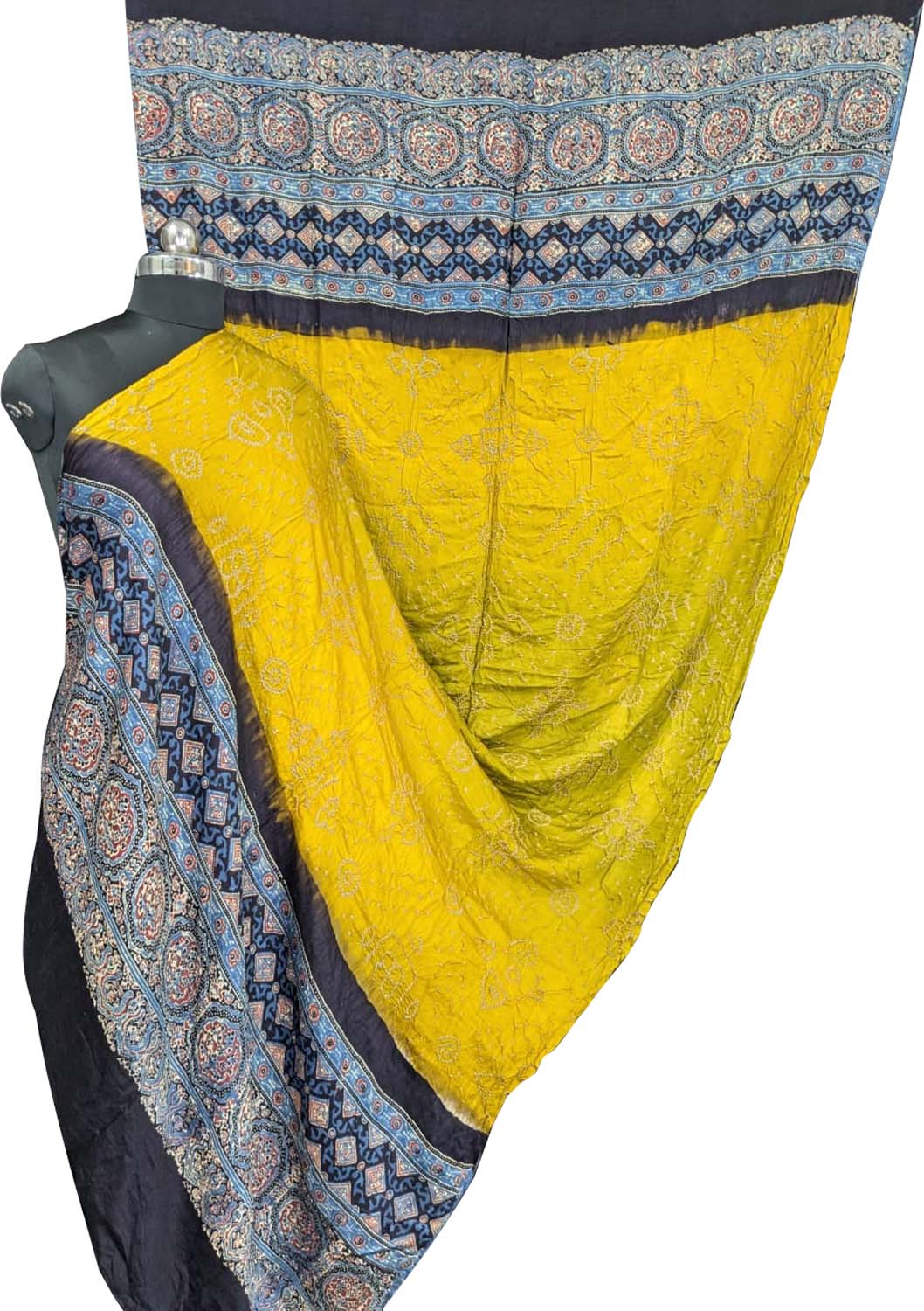Yellow Bandhani Ajrakh Gajji Silk Dupatta - Luxurion World