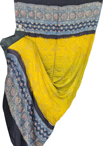 Yellow Bandhani Ajrakh Gajji Silk Dupatta - Luxurion World