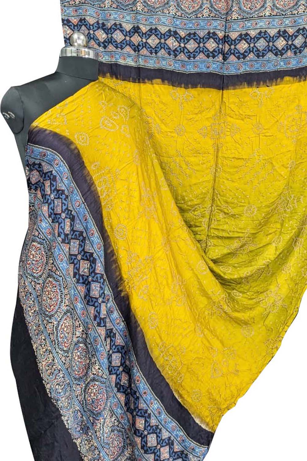 Yellow Bandhani Ajrakh Gajji Silk Dupatta - Luxurion World