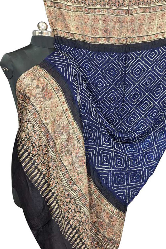 Blue Bandhani Ajrakh Gajji Silk Dupatta - Luxurion World