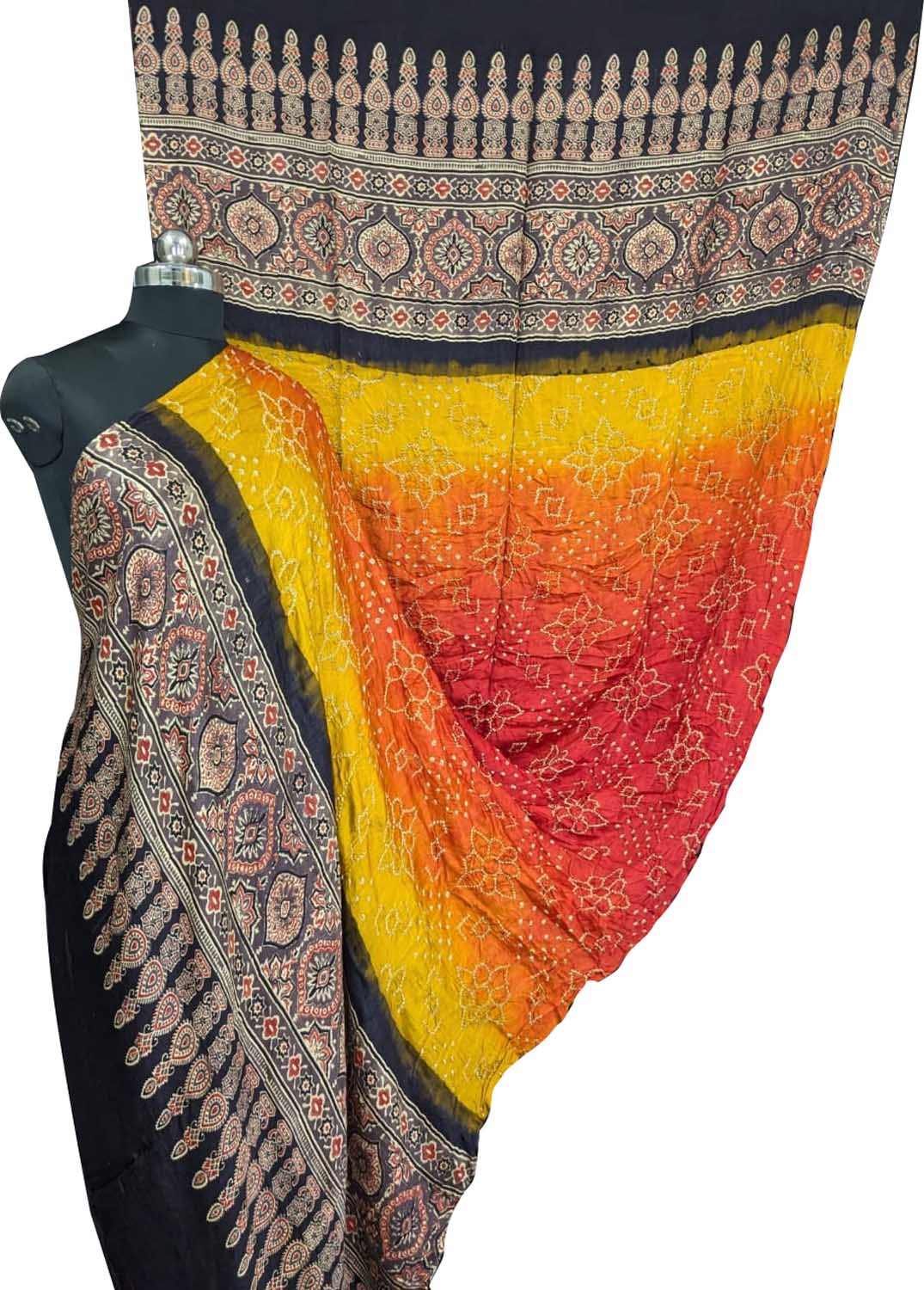 Vibrant Bandhani Ajrakh Gajji Silk Dupatta - Luxurion World