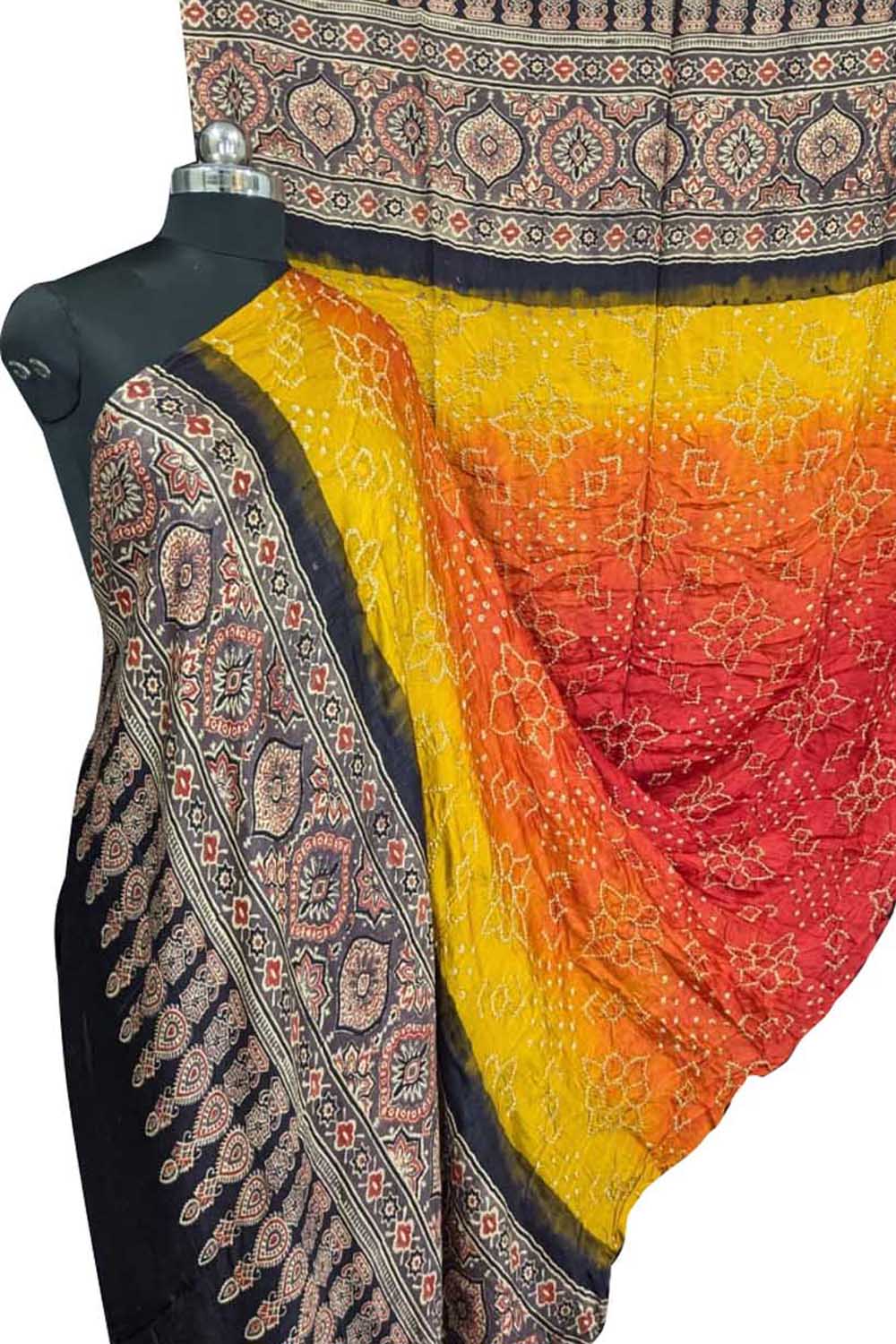 Vibrant Bandhani Ajrakh Gajji Silk Dupatta - Luxurion World