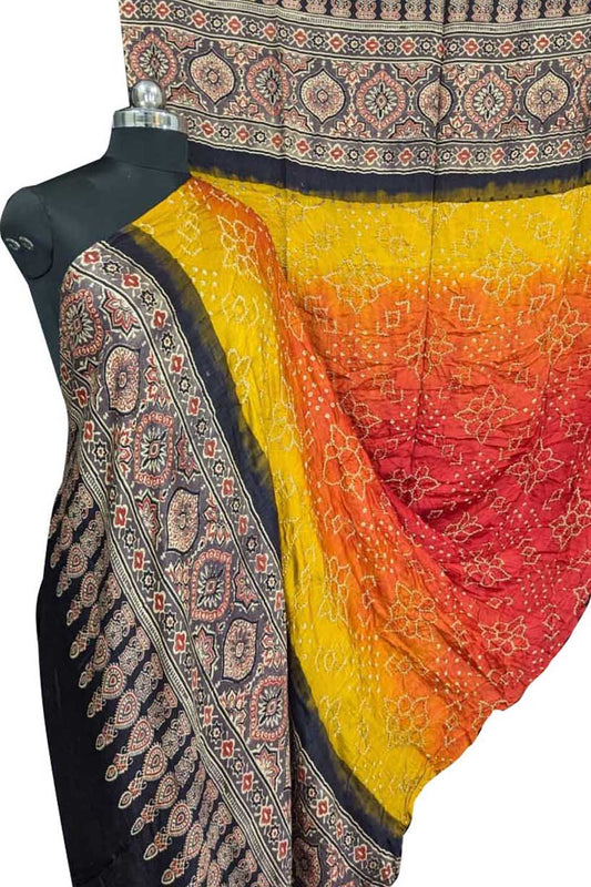 Vibrant Bandhani Ajrakh Gajji Silk Dupatta - Luxurion World