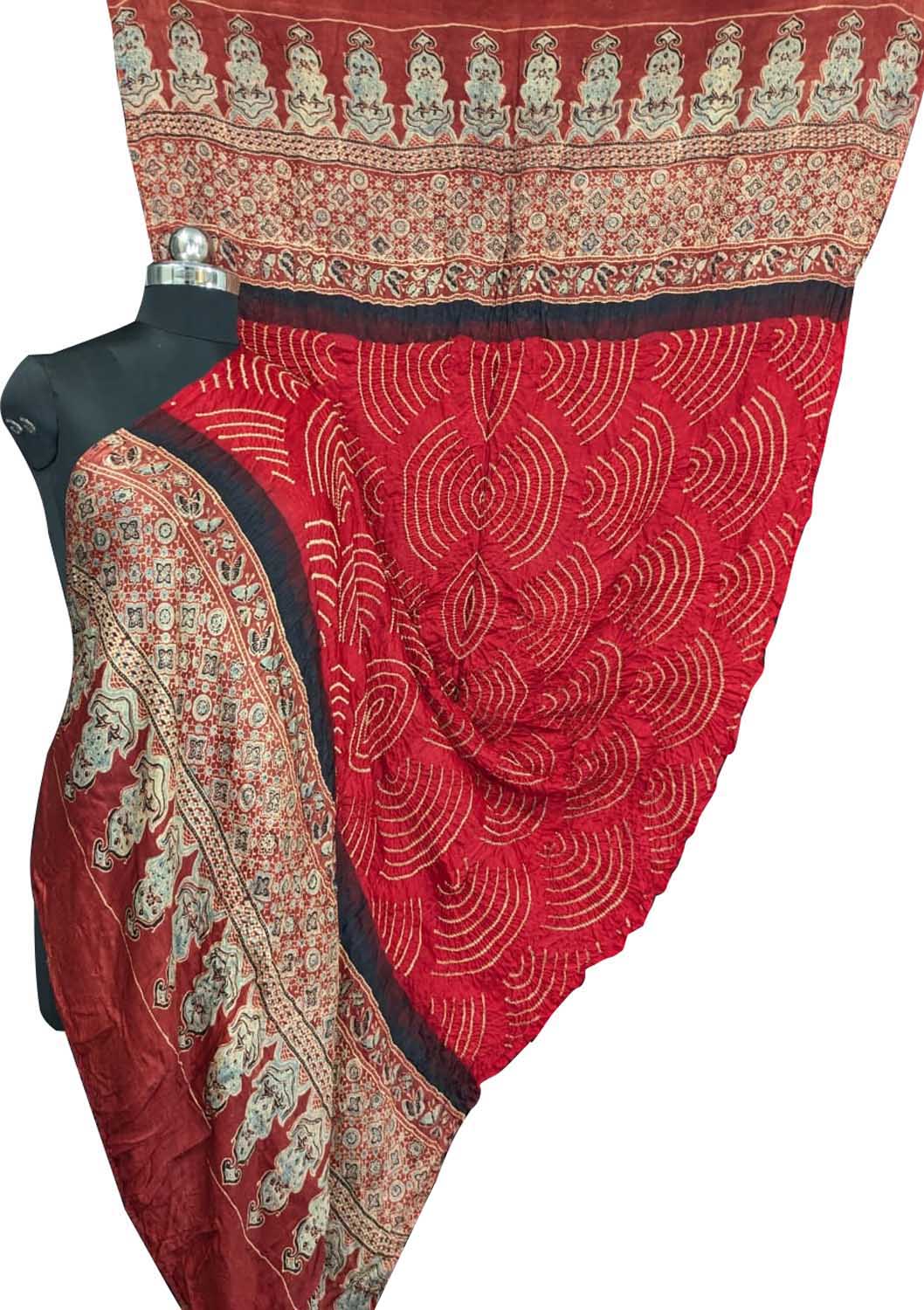 Stunning Red Bandhani Ajrakh Gajji Silk Dupatta - Luxurion World