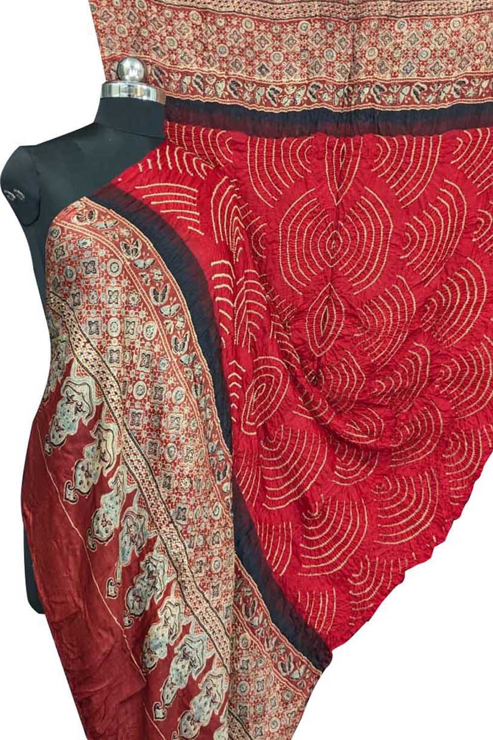 Stunning Red Bandhani Ajrakh Gajji Silk Dupatta - Luxurion World